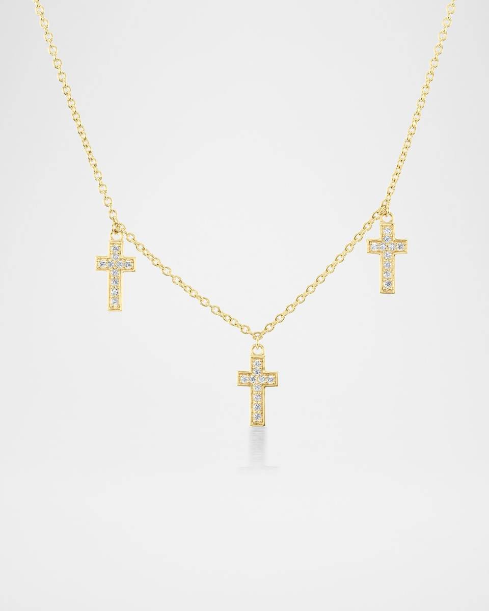 14K Yellow Gold Three-Cross Dangle Necklace with Diamonds